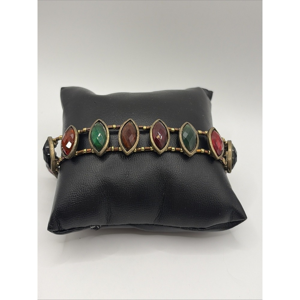 Vintage Style Antiqued Brass Multi Color Dichroic Glass Marquise Toggle Bracelet